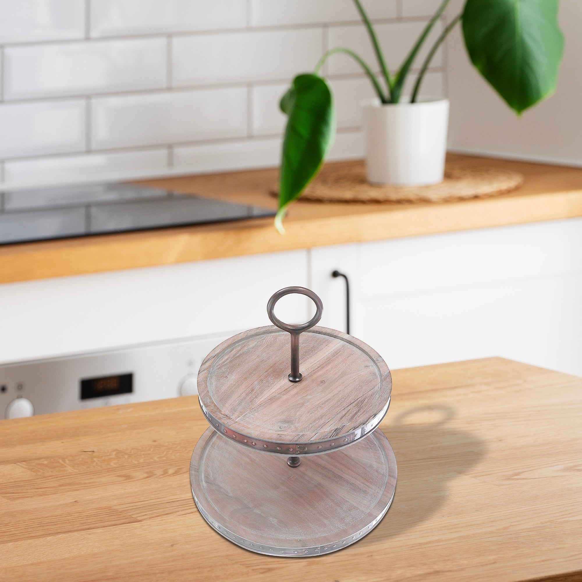 Acacia Wood With Copper Stainless Steel 2 Tier Stand, Acacia Wood 2 Tier Stand With Copper Stainless Steel Frame, Dessert Display Tray, Kitchen Serving Accessory