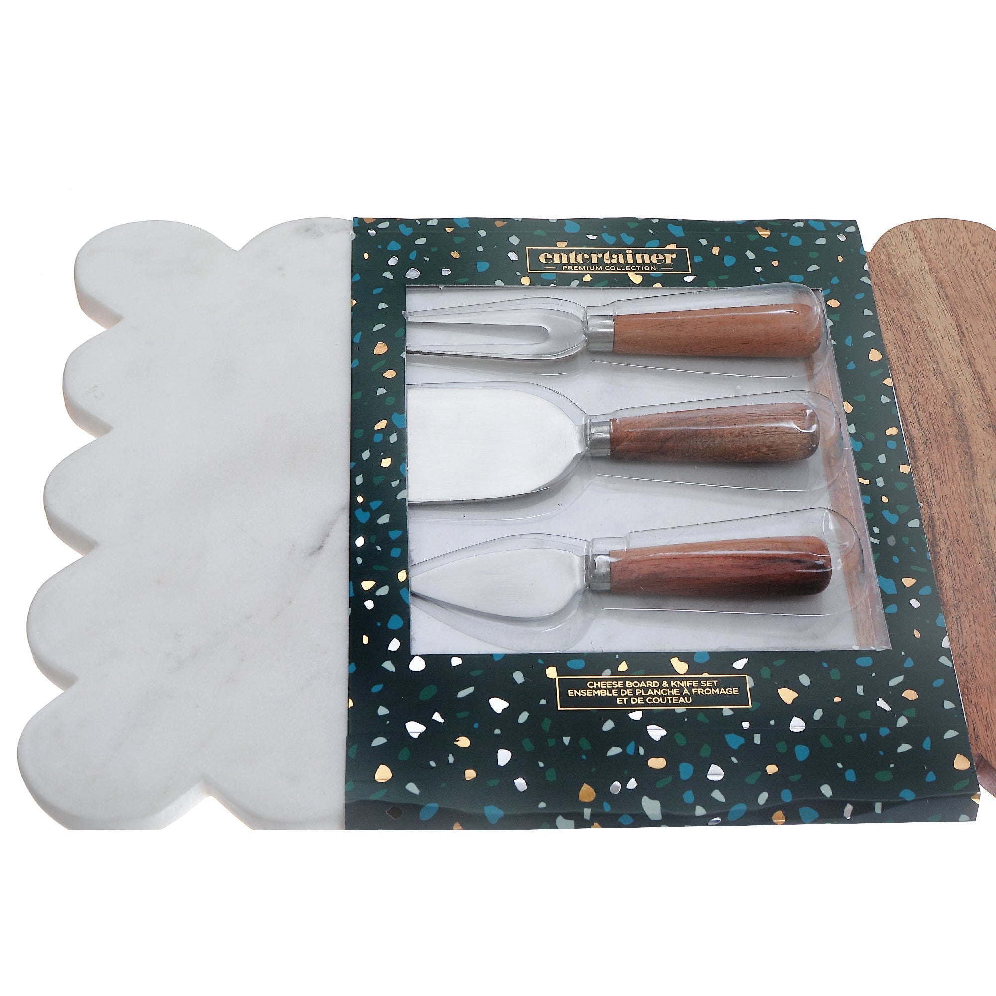 Acacia Wood & Marble Cheese Board With 3Pc Stainless Steel Cheese Tool Set, Acacia And Marble Charcuterie Board, Stainless Steel Cheese Knife Set, Elegant Serving Platter