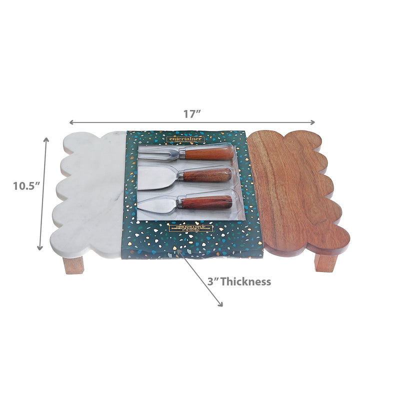 Acacia Wood & Marble Cheese Board With 3Pc Stainless Steel Cheese Tool Set
