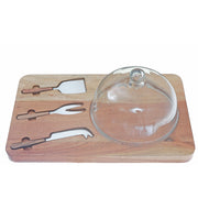Acacia Wood Cheese Board With 3Pc Stainless Steel Cheese Tool Set & Glass Dome, Acacia Wood Charcuterie Board With Glass Dome, Stainless Steel Cheese Knives, Gourmet Serving Set