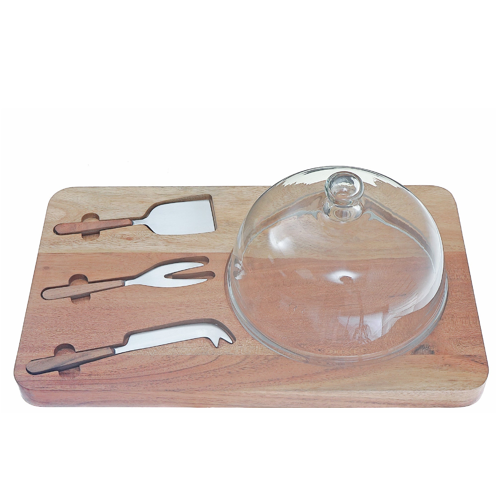 Acacia Wood Cheese Board With 3Pc Stainless Steel Cheese Tool Set & Glass Dome, Acacia Wood Charcuterie Board With Glass Dome, Stainless Steel Cheese Knives, Gourmet Serving Set