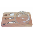 Acacia Wood Cheese Board W/3Pc S/S Cheese Tool Set & Glass Dome