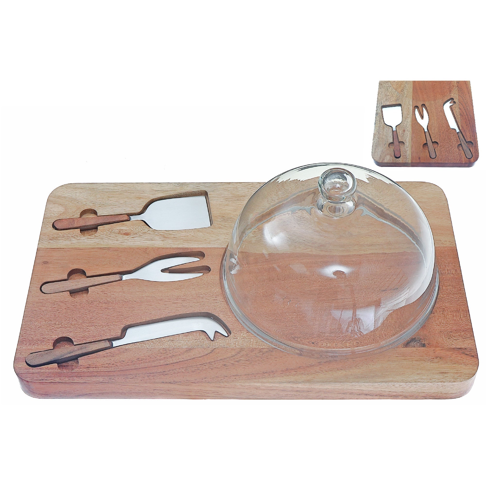 Acacia Wood Cheese Board With 3Pc Stainless Steel Cheese Tool Set & Glass Dome, Acacia Wood Charcuterie Board With Glass Dome, Stainless Steel Cheese Knives, Gourmet Serving Set