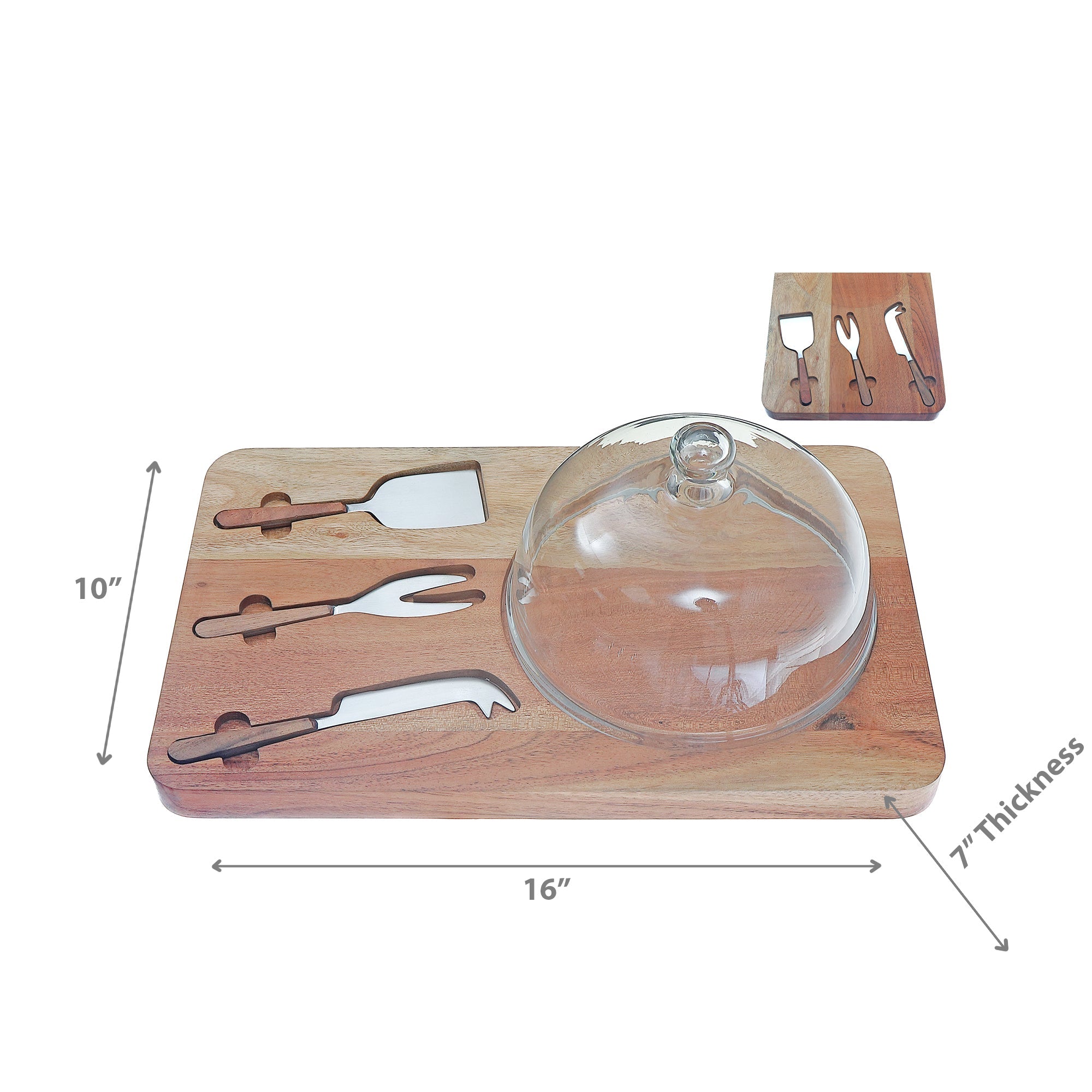 Acacia Wood Cheese Board With 3Pc Stainless Steel Cheese Tool Set & Glass Dome, Acacia Wood Charcuterie Board With Glass Dome, Stainless Steel Cheese Knives, Gourmet Serving Set