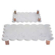 Set Of 2 Rectangle Scallop Marble Cake Plate With Acacia Wood Stand, Rectangular Marble Cake Stand Set, Scalloped Serving Plate With Acacia Base, Luxury Dessert Display