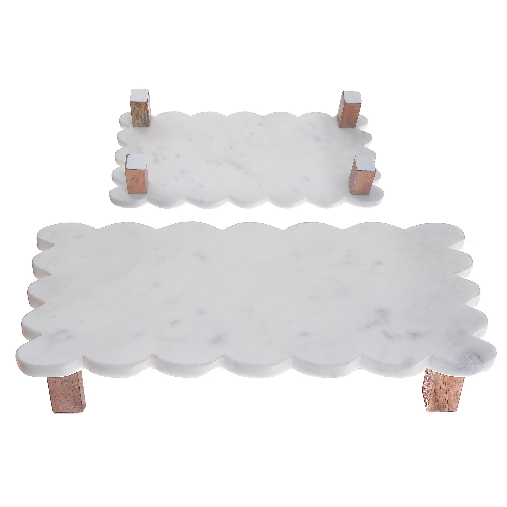 Set Of 2 Rectangle Scallop Marble Cake Plate With Acacia Wood Stand, Rectangular Marble Cake Stand Set, Scalloped Serving Plate With Acacia Base, Luxury Dessert Display