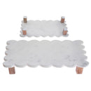 Set Of 2 Rectangle Scallop Marble Cake Plate With Acacia Wood Stand