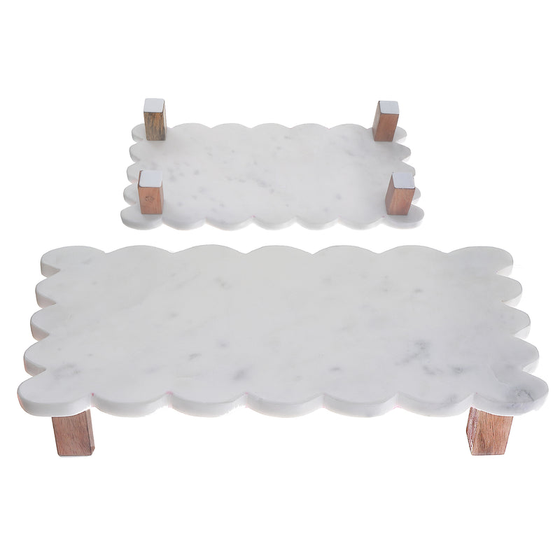 Set Of 2 Rectangle Scallop Marble Cake Plate With Acacia Wood Stand