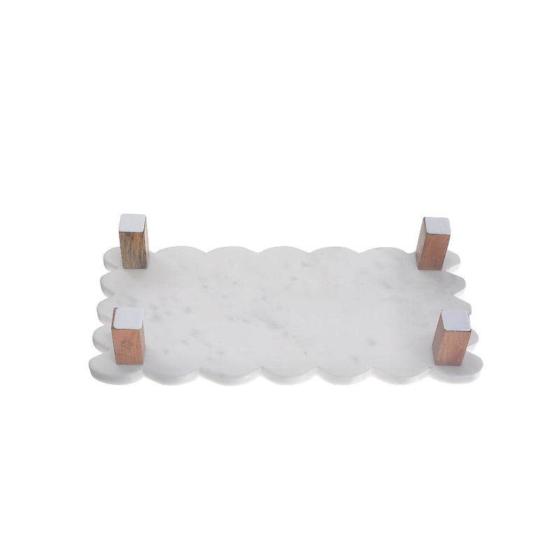 Set Of 2 Rectangle Scallop Marble Cake Plate With Acacia Wood Stand