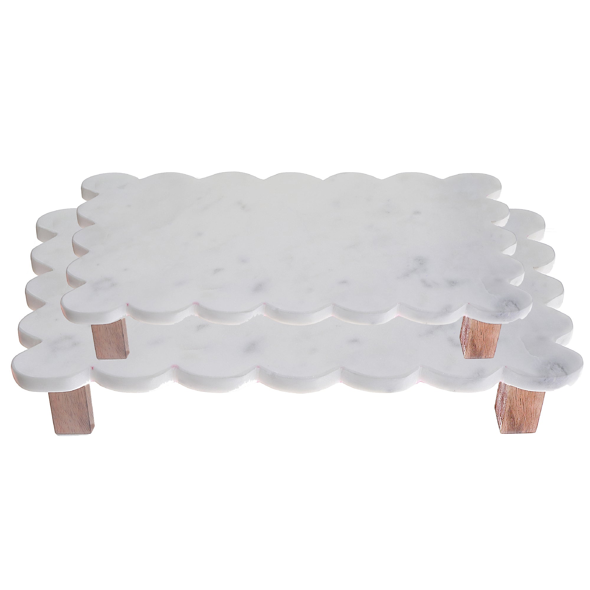 Set Of 2 Rectangle Scallop Marble Cake Plate With Acacia Wood Stand, Rectangular Marble Cake Stand Set, Scalloped Serving Plate With Acacia Base, Luxury Dessert Display
