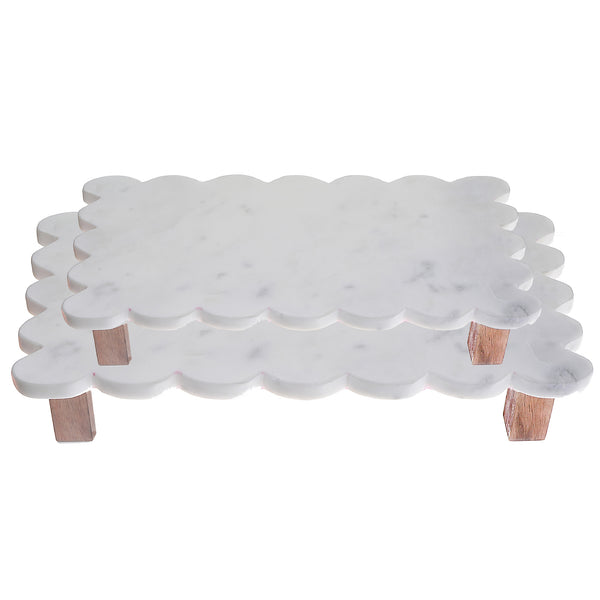 Set Of 2 Rectangle Scallop Marble Cake Plate With Acacia Wood Stand