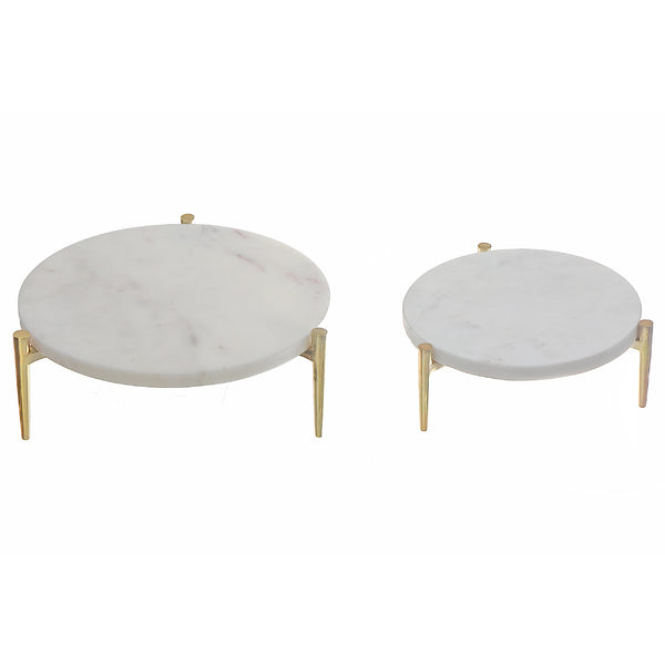 Set Of 2 Round Marble Cake Plate With Aluminum Gold Stand