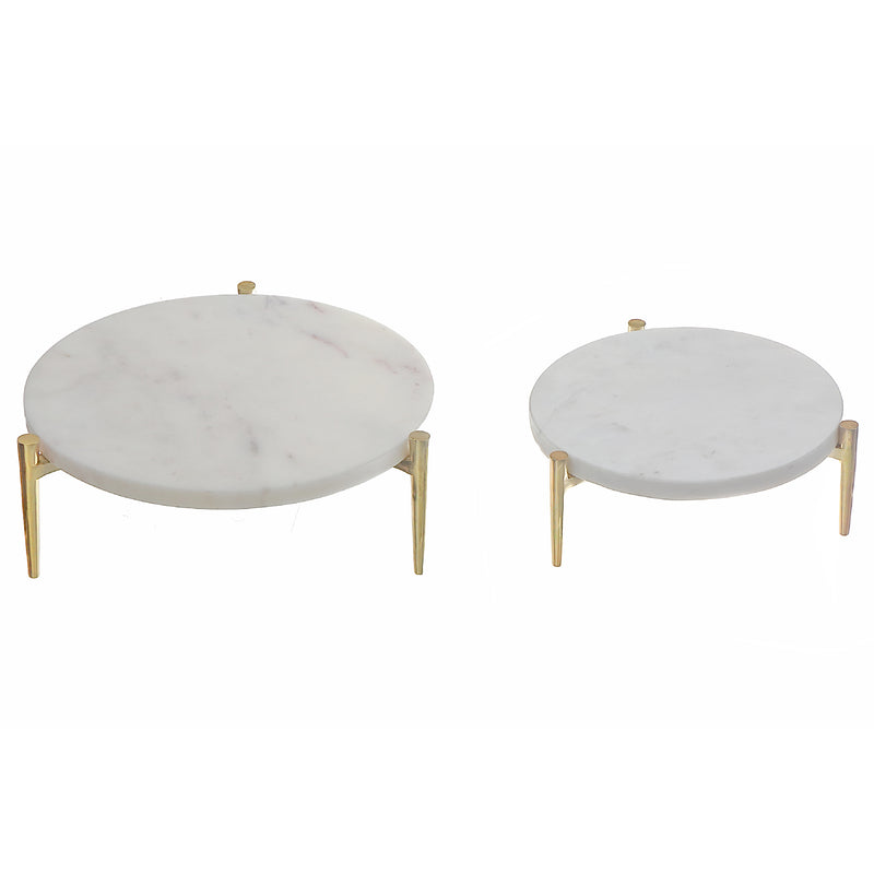 Set Of 2 Round Marble Cake Plate With Aluminum Gold Stand
