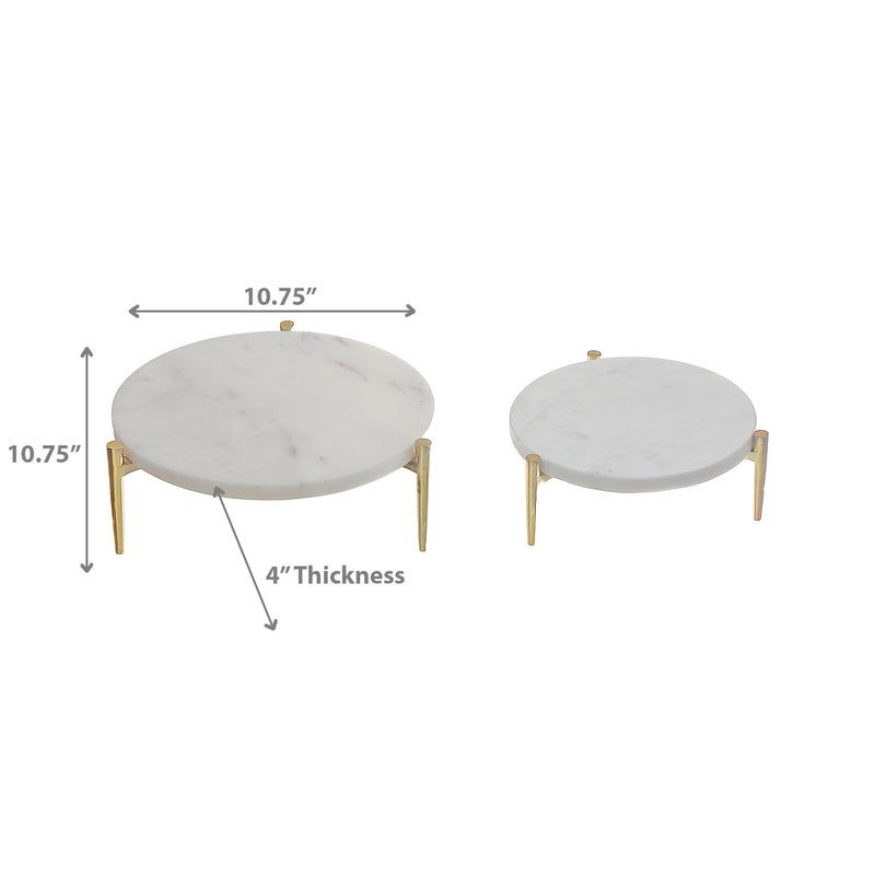 Set Of 2 Round Marble Cake Plate With Aluminum Gold Stand
