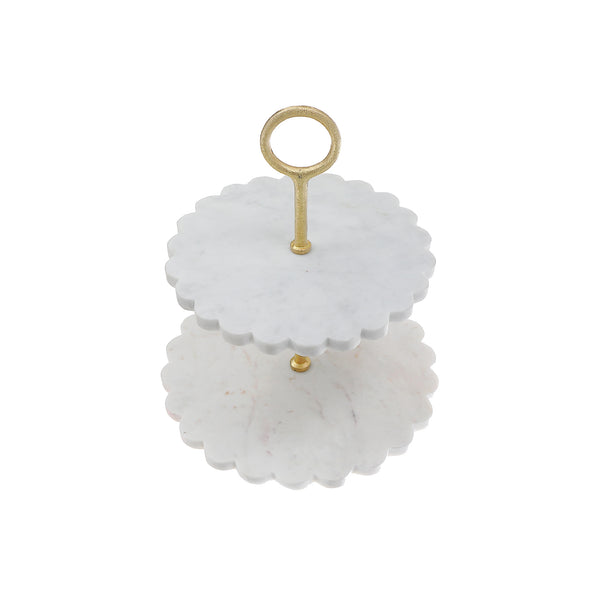 Round Scallop Marble With Aluminum Gold 2 Tier Stand