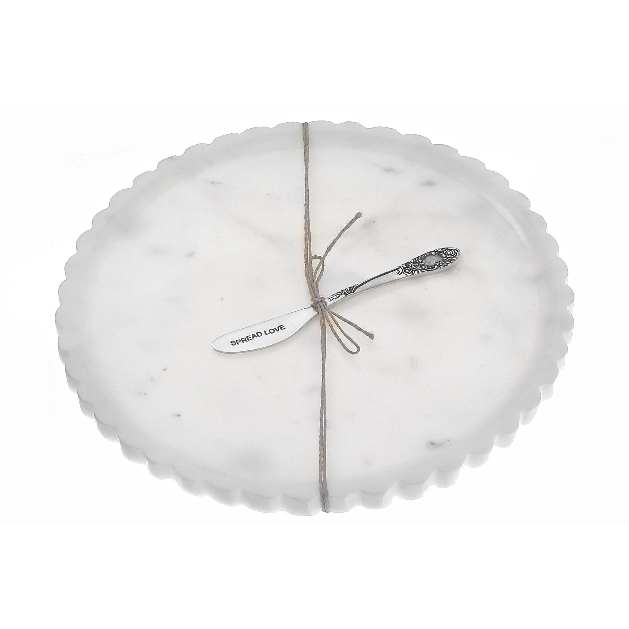 White Round Scallop Marble Plate & Spreader, Round Scalloped Marble Cheese Plate, Serving Board With Spreader, Elegant Appetizer Platter
