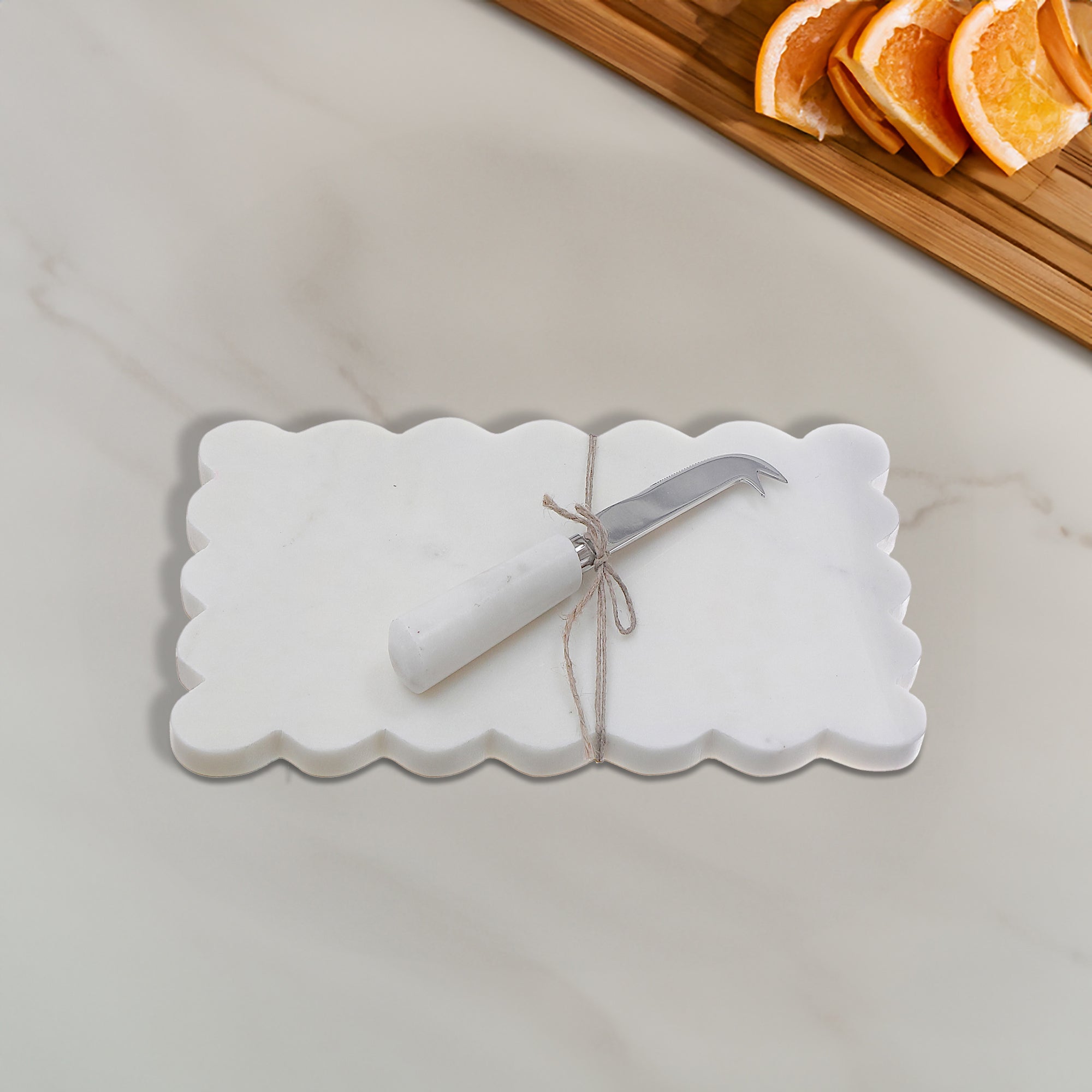 White Rectangle Scallop Marble Cheese Board & Spreader, White Marble Scalloped Cheese Board, Serving Platter With Spreader, Elegant Entertaining Accessory