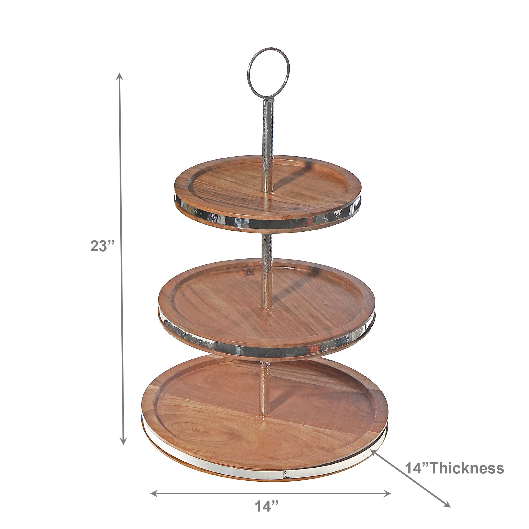 Elegant Acacia Wood 3-Tier Round Stand with Sleek Stainless Steel Accents