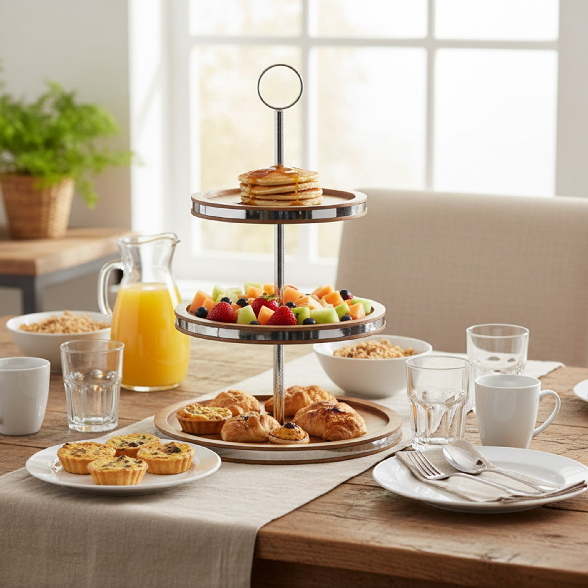 Elegant Acacia Wood 3-Tier Round Stand with Sleek Stainless Steel Accents