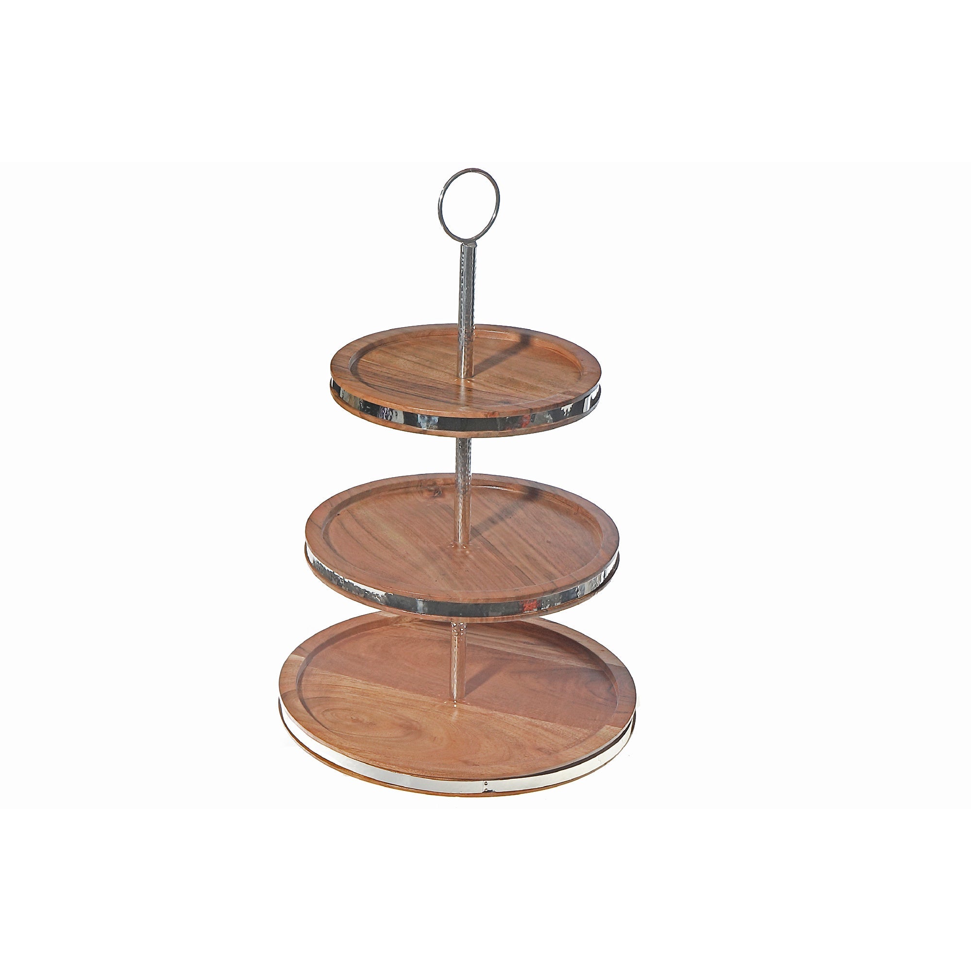 Elegant Acacia Wood 3-Tier Round Stand with Sleek Stainless Steel Accents