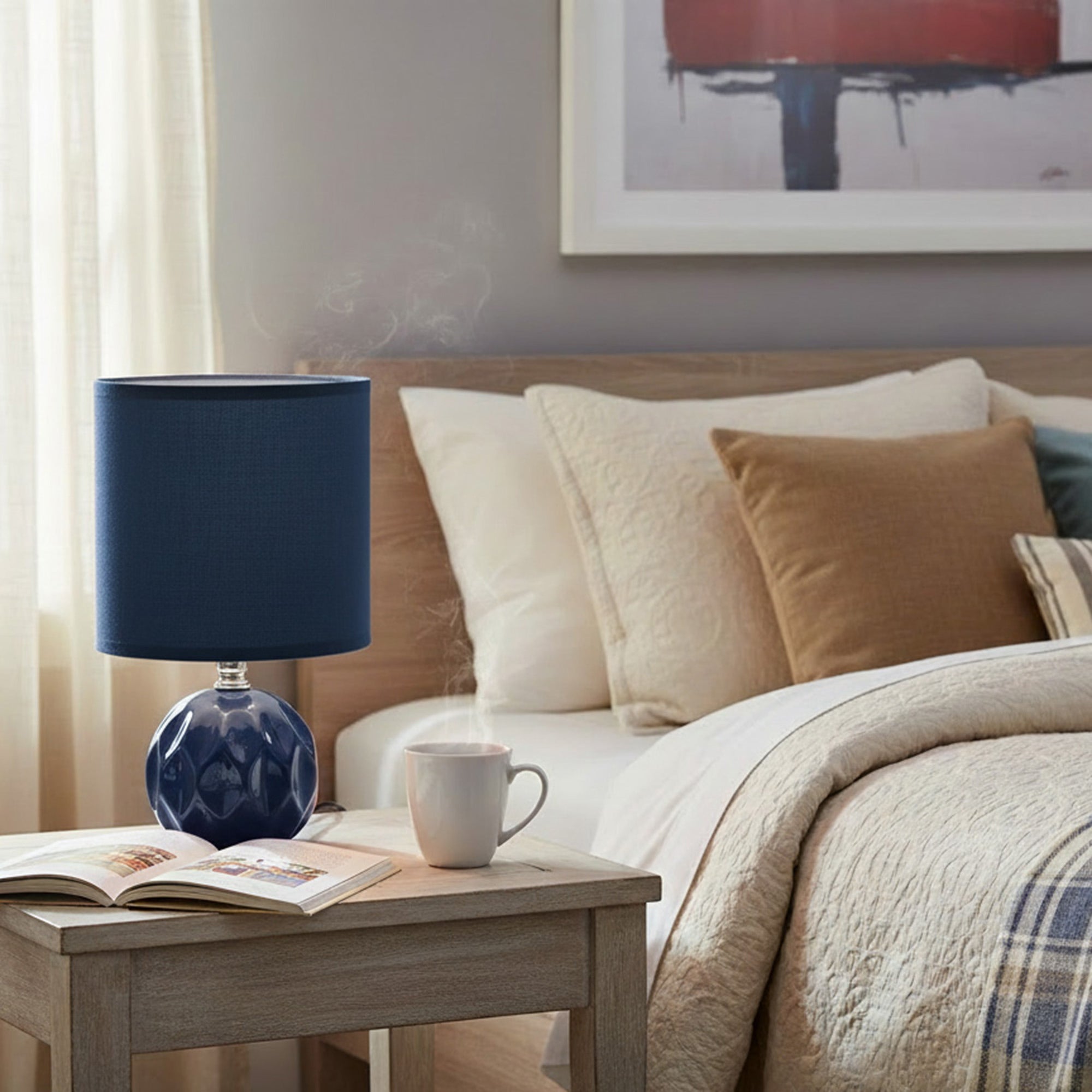 Navy Blue Ceramic Table Lamp with Soft Fabric Shade from the Jolene Collection
