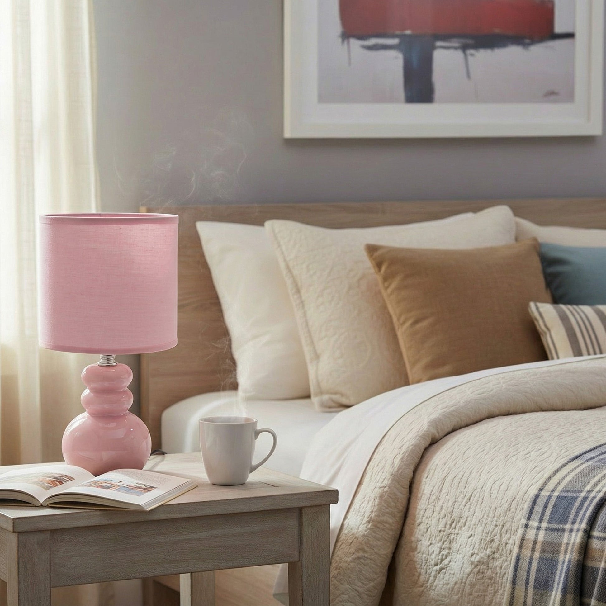 Soft Pink Ceramic Table Lamp with Ribbed Fabric Shade from the Bubbly Collection