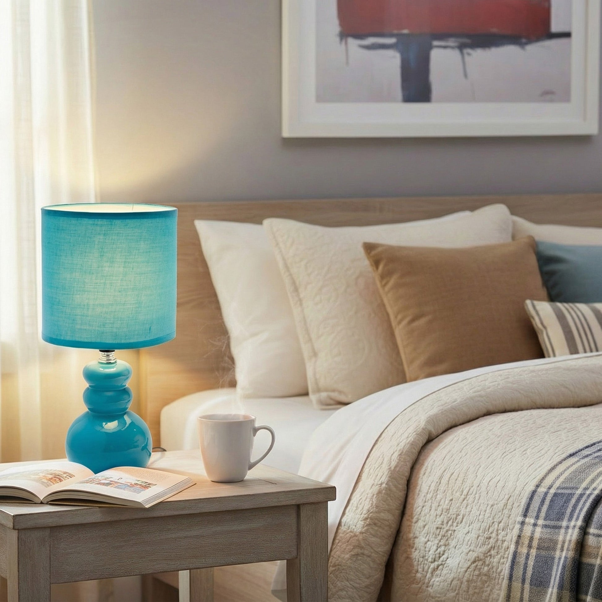 Calm Sky Blue Ceramic Table Lamp with Ribbed Fabric Shade from the Bubbly Collection