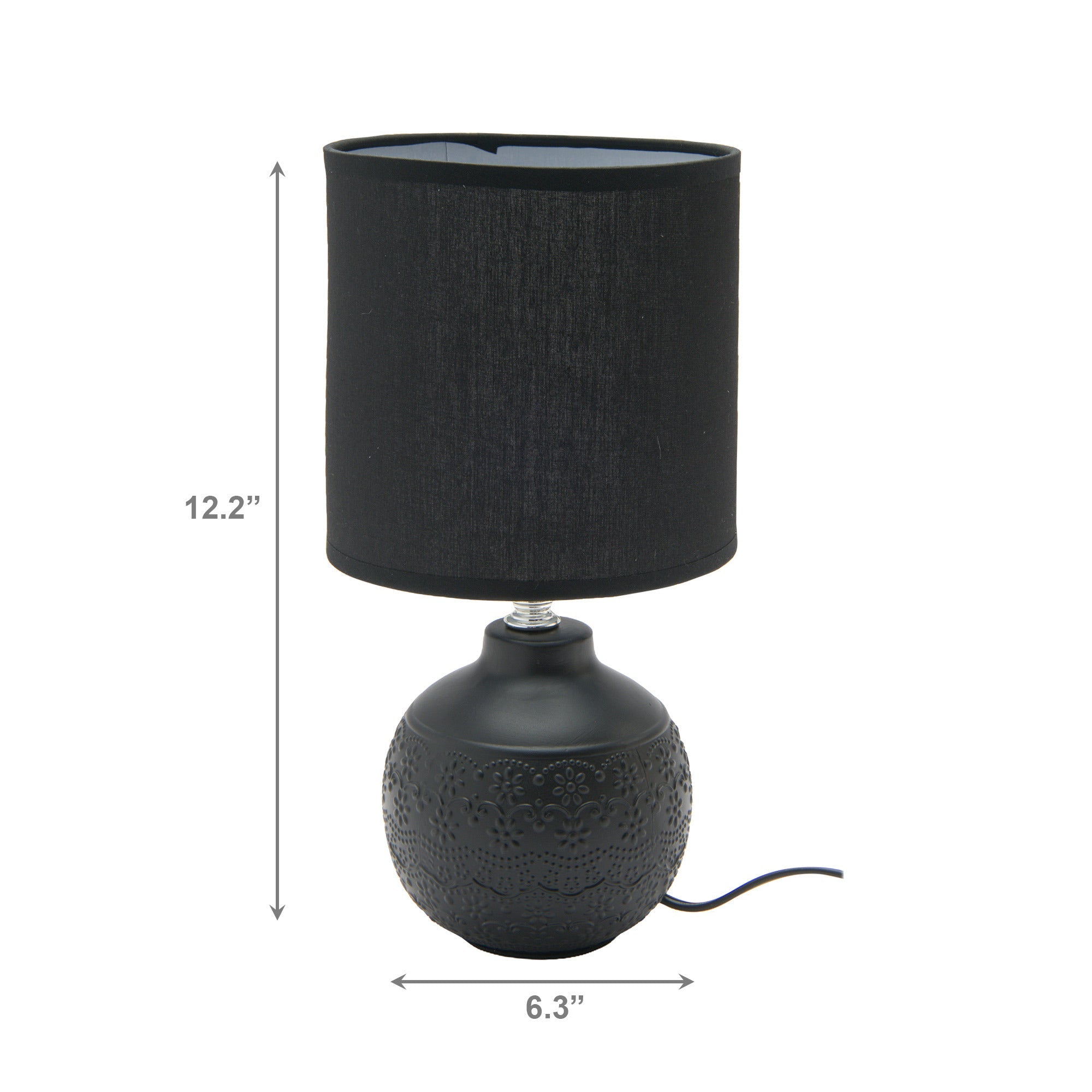 Black Ceramic Table Lamp with Embossed Floral Pattern and Matching Fabric Shade
