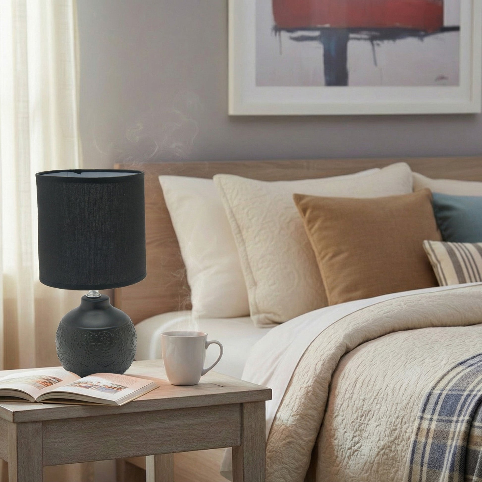 Black Ceramic Table Lamp with Embossed Floral Pattern and Matching Fabric Shade