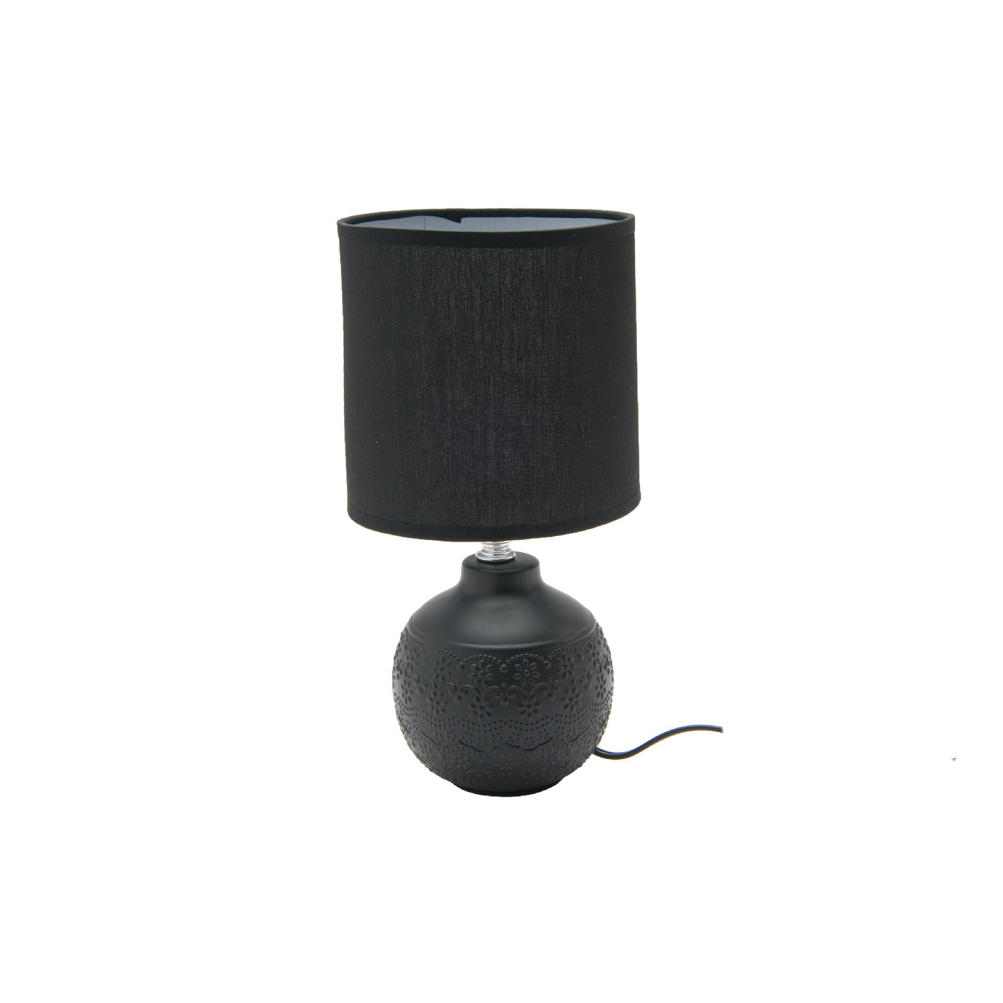 Black Ceramic Table Lamp with Embossed Floral Pattern and Matching Fabric Shade