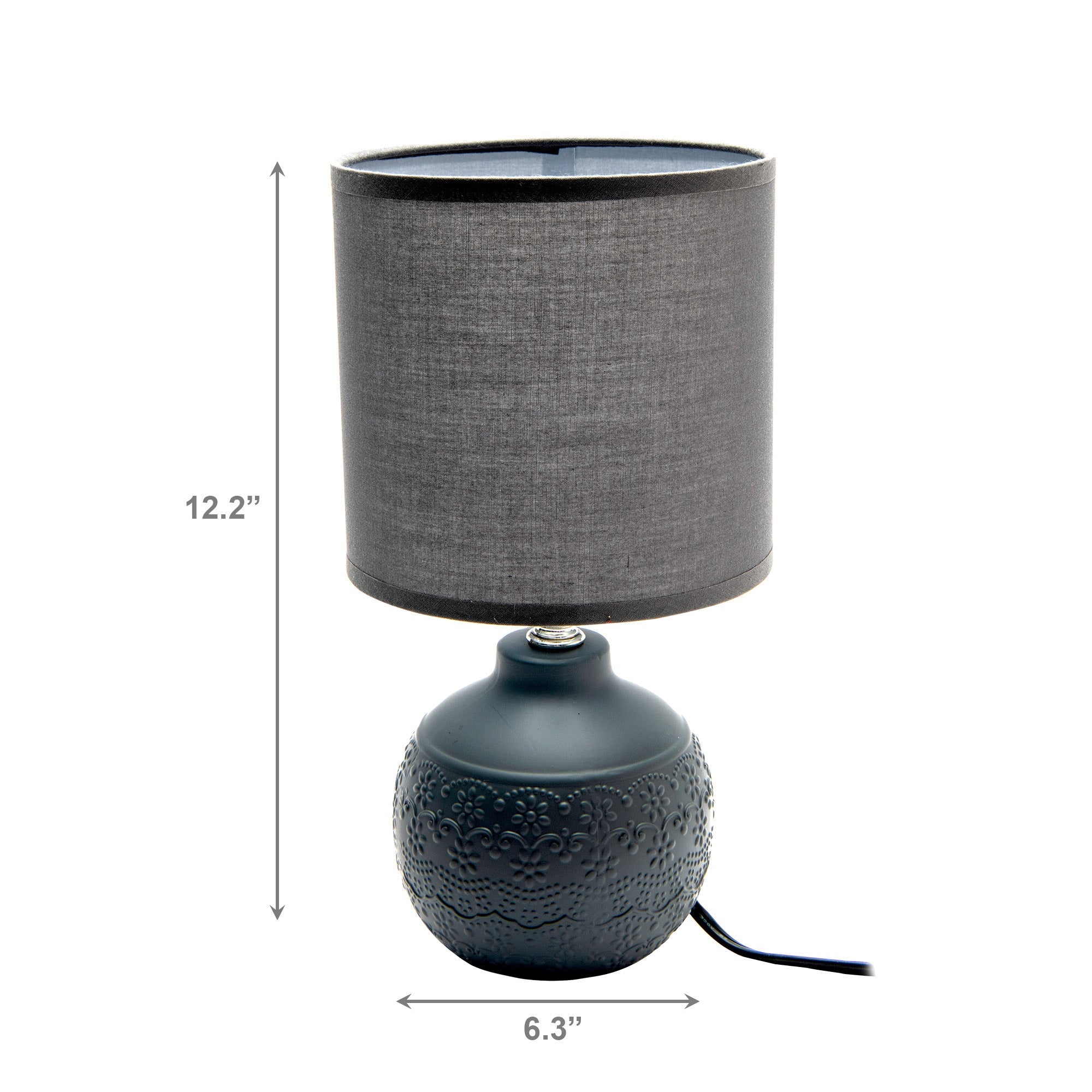 Cool Gray Ceramic Table Lamp with Raised Floral Emboss and Coordinated Shade