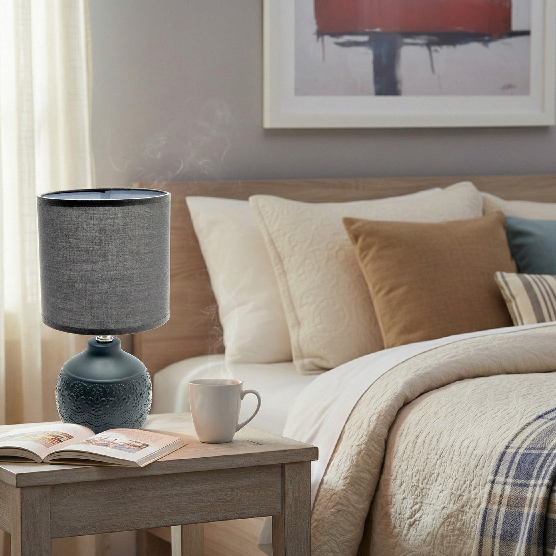 Cool Gray Ceramic Table Lamp with Raised Floral Emboss and Coordinated Shade