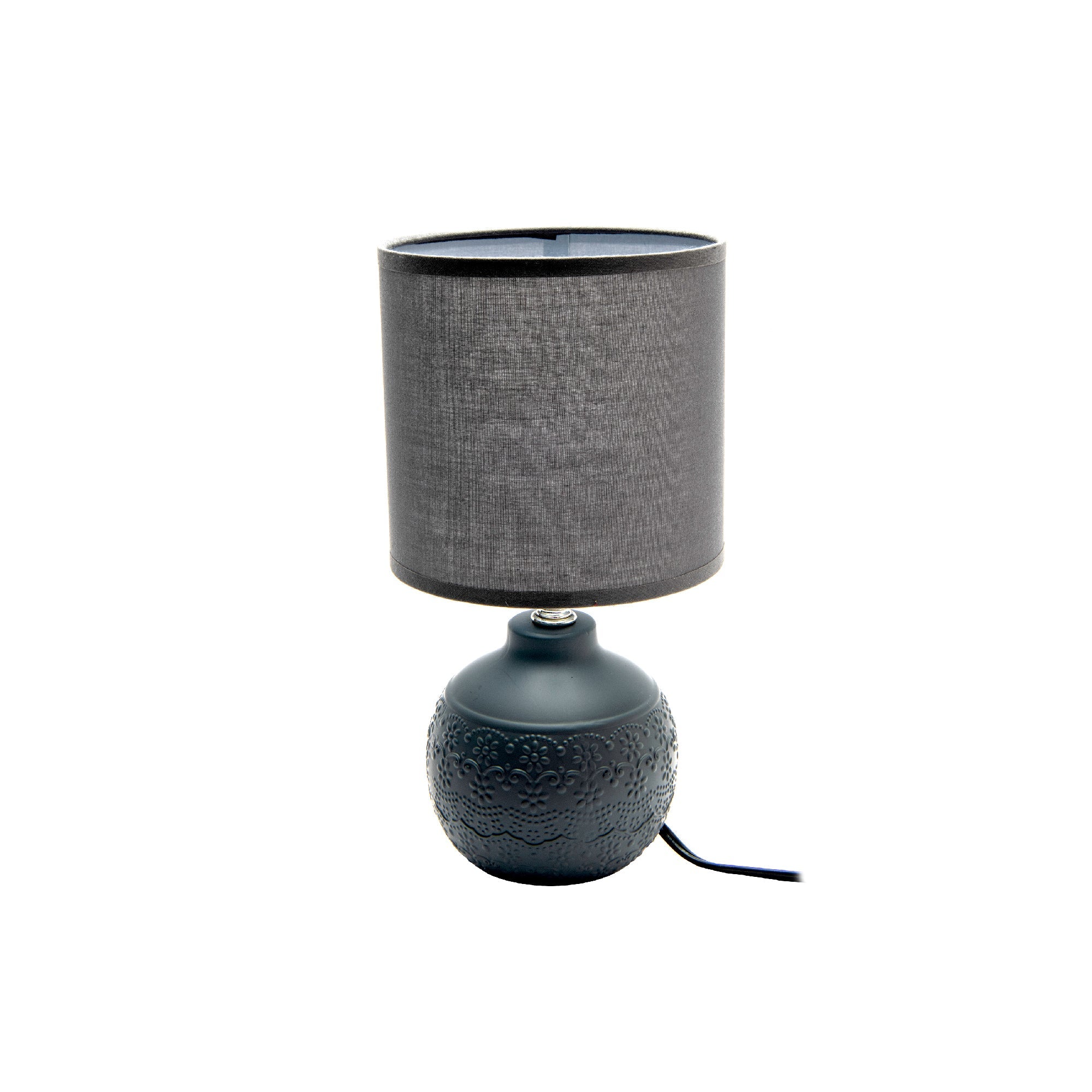 Cool Gray Ceramic Table Lamp with Raised Floral Emboss and Coordinated Shade