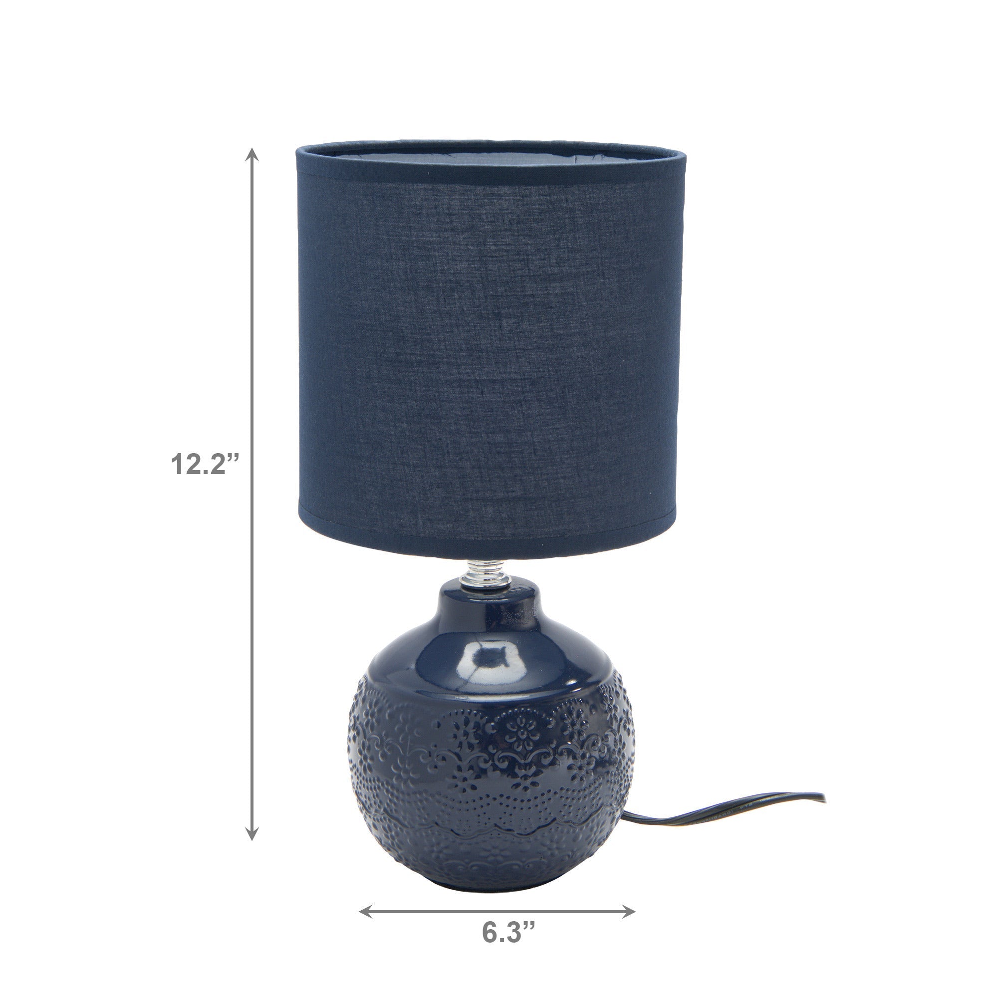 Navy Blue Ceramic Table Lamp with Detailed Floral Emboss and Coordinated Fabric Shade