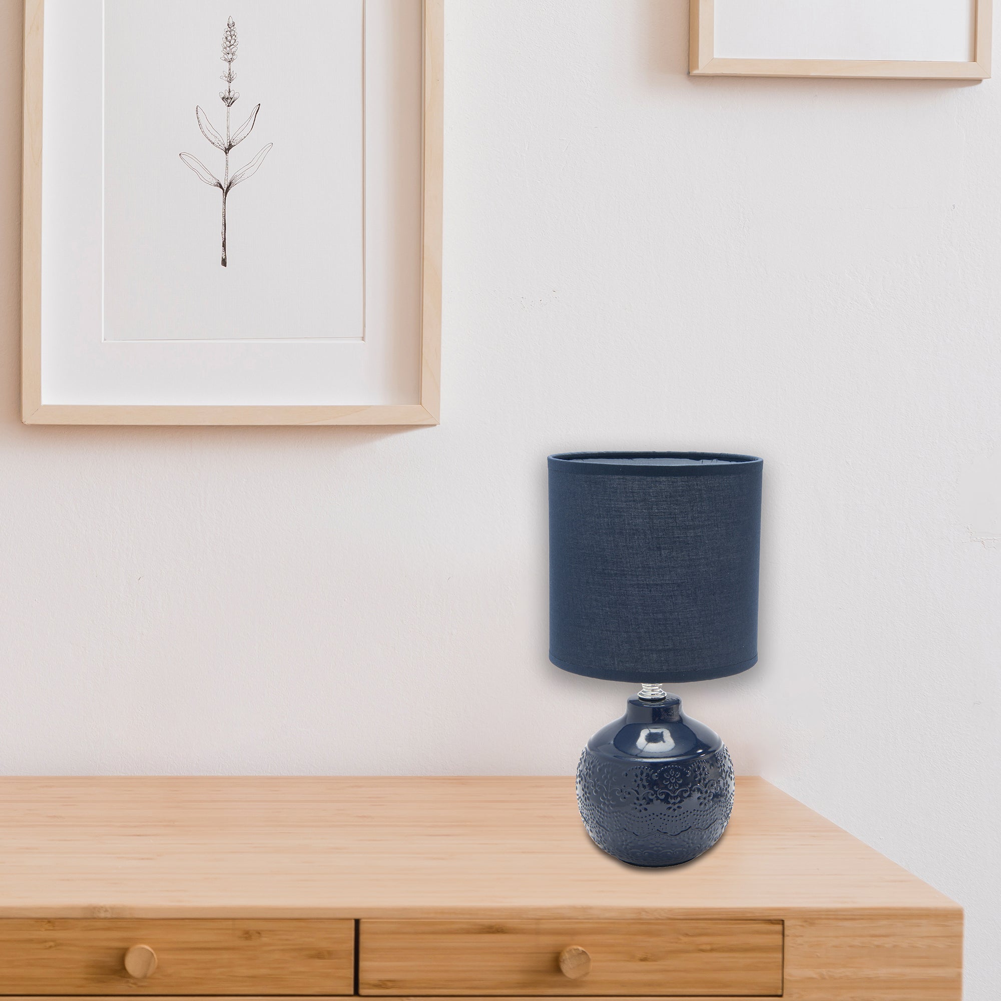 Navy Blue Ceramic Table Lamp with Detailed Floral Emboss and Coordinated Fabric Shade