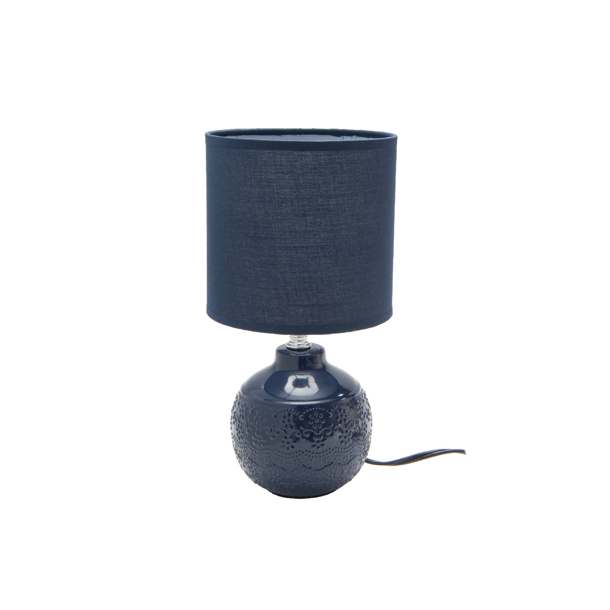 Navy Blue Ceramic Table Lamp with Detailed Floral Emboss and Coordinated Fabric Shade