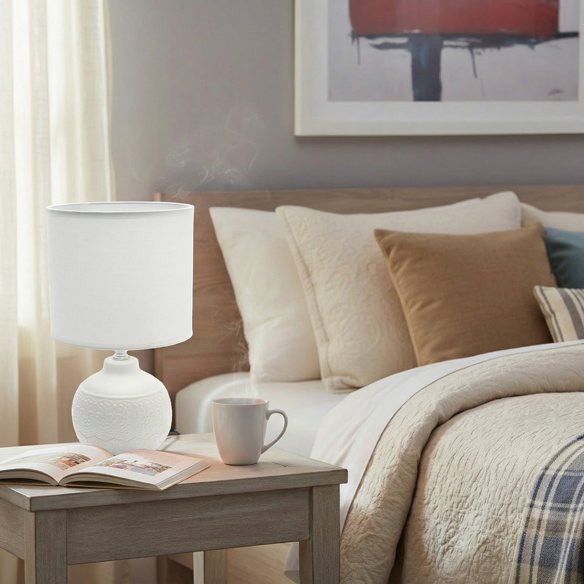 White Ceramic Table Lamp with Elegant Floral Emboss and Soft Fabric Shade
