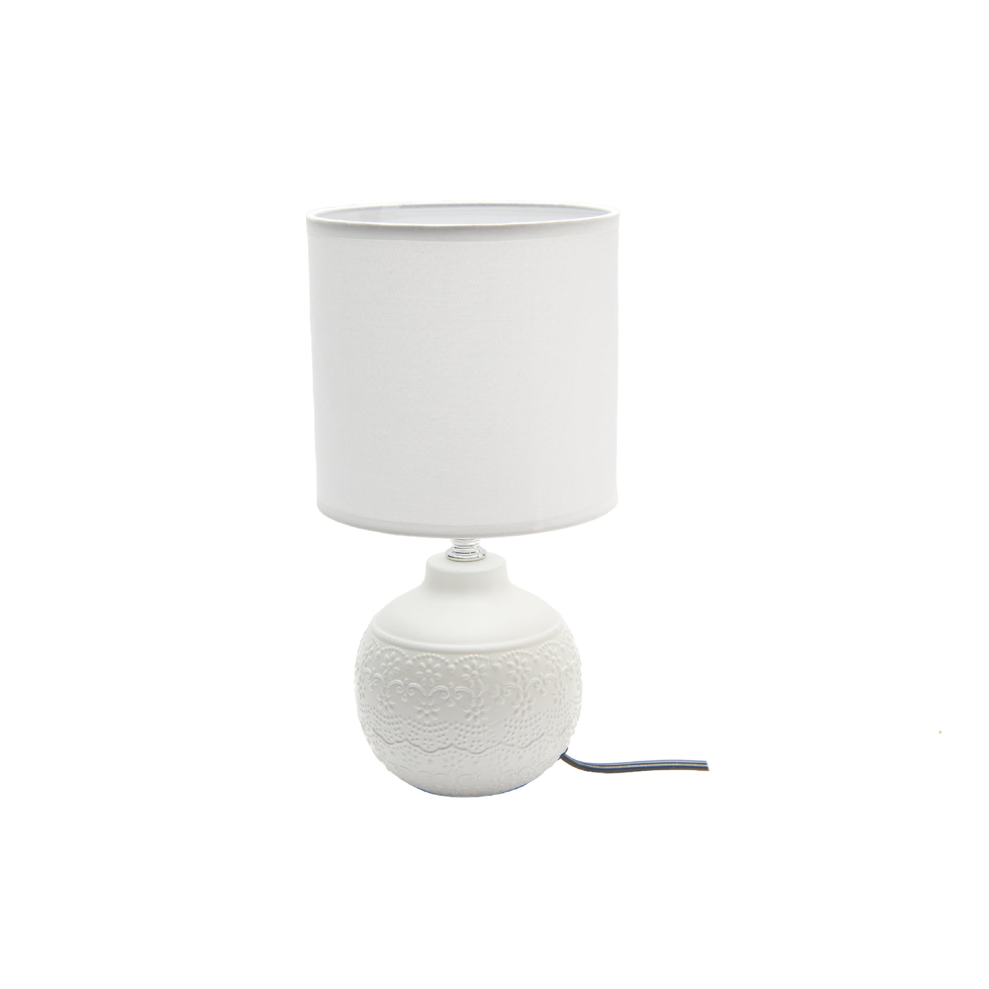 White Ceramic Table Lamp with Elegant Floral Emboss and Soft Fabric Shade