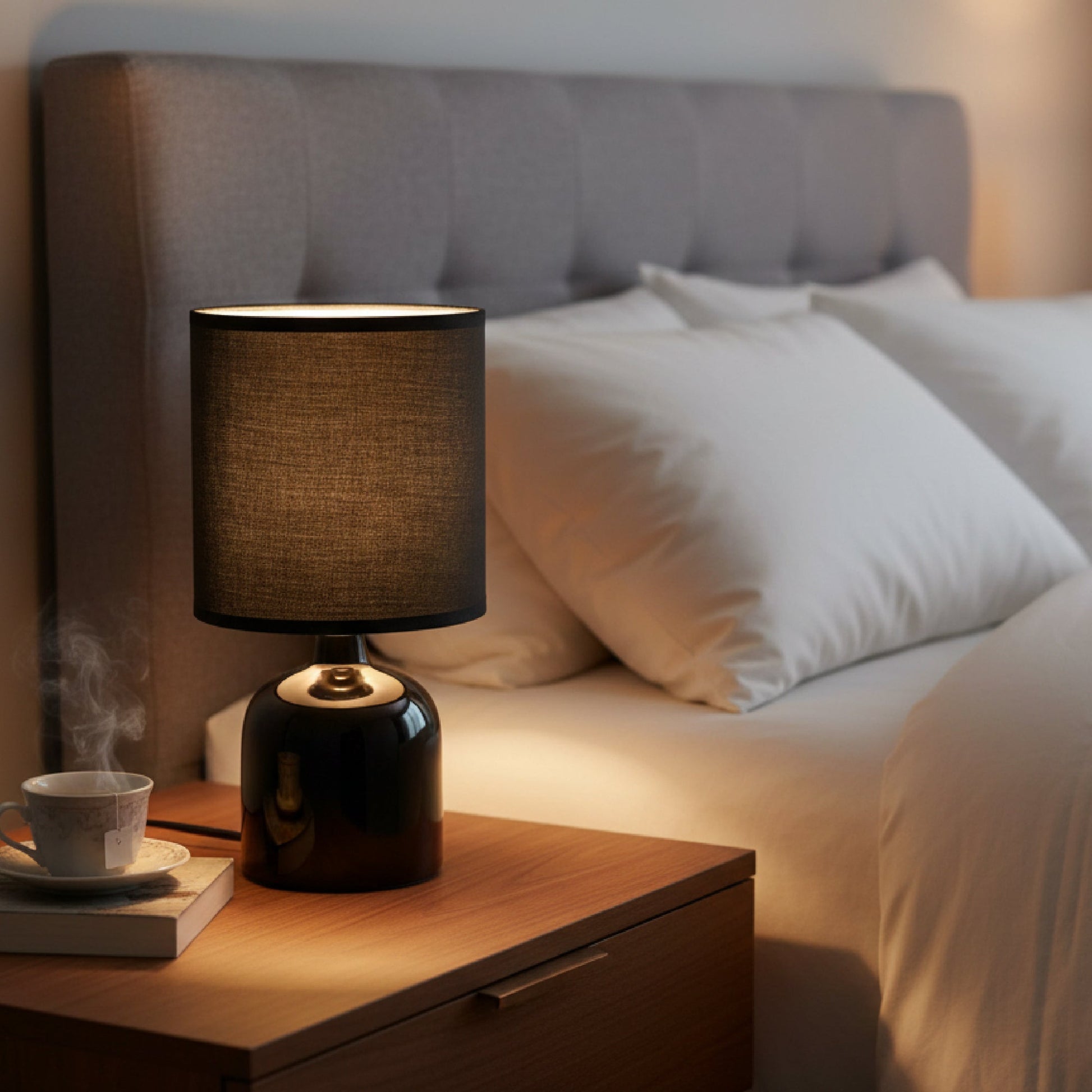 Sleek Black Ceramic Table Lamp with Dome-Shaped Fabric Shade