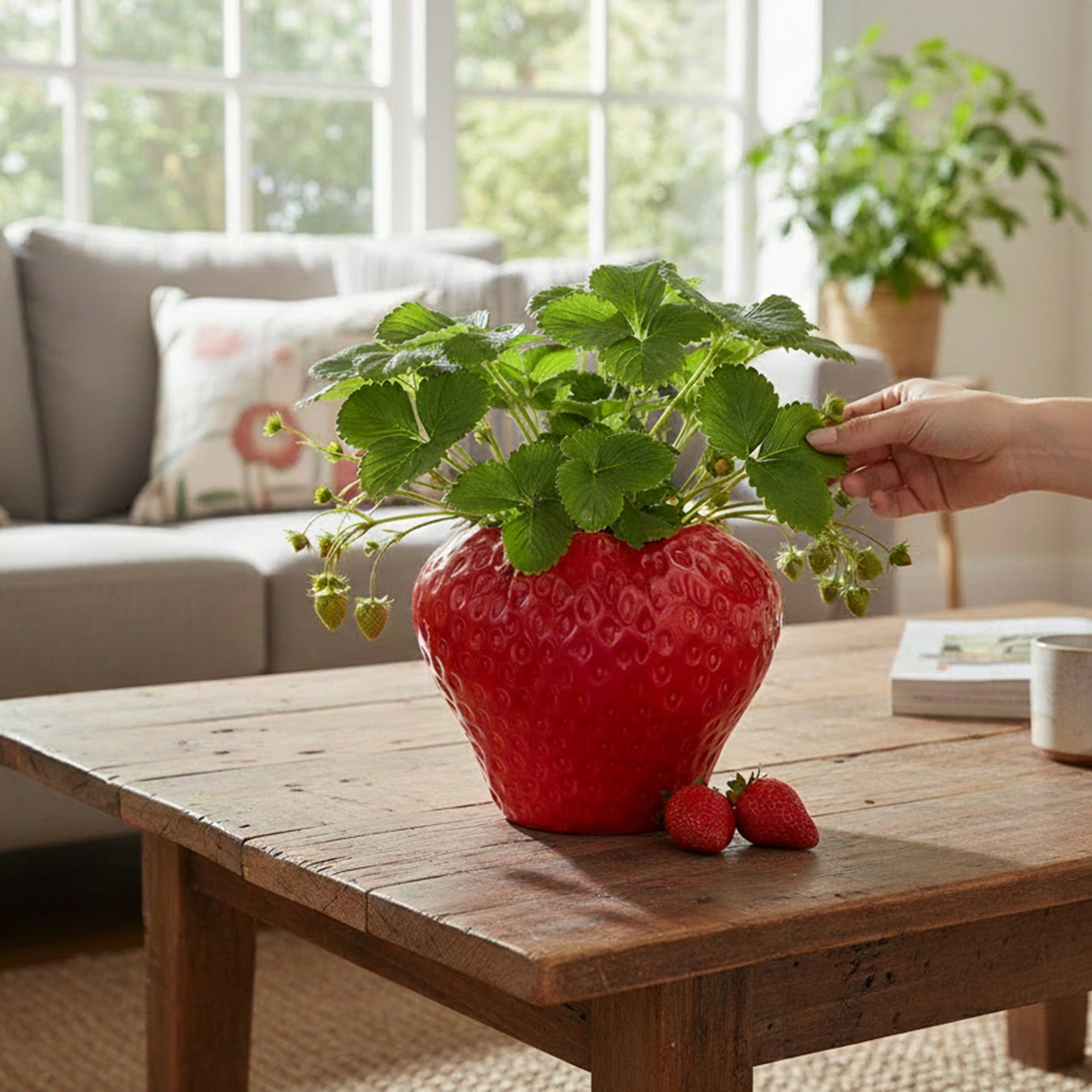 6.5" Strawberry-Shaped Ceramic Planter with Hand-Painted Details