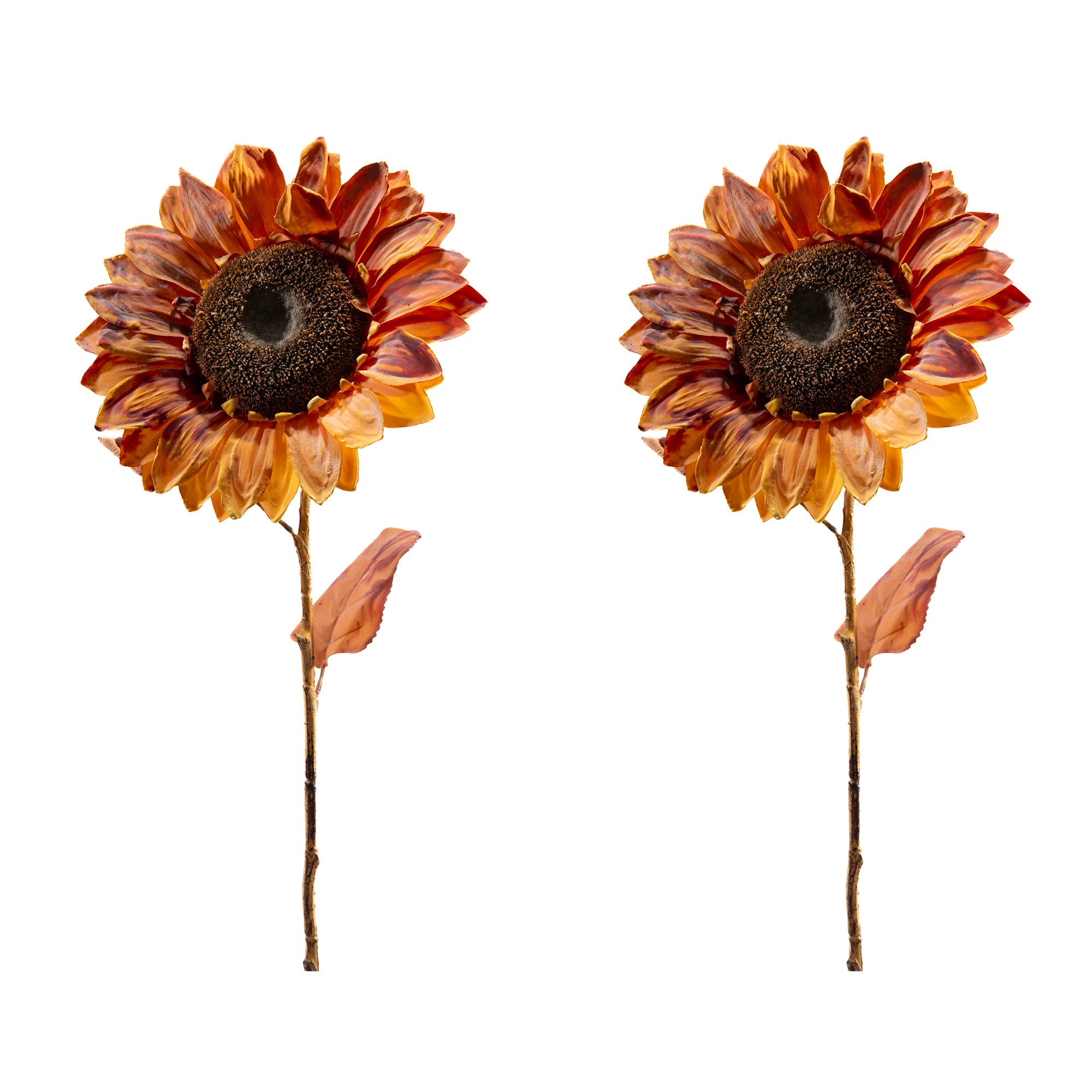 27" Vibrant Orange Sunflower Branch with Lush Leaves - Set of 2