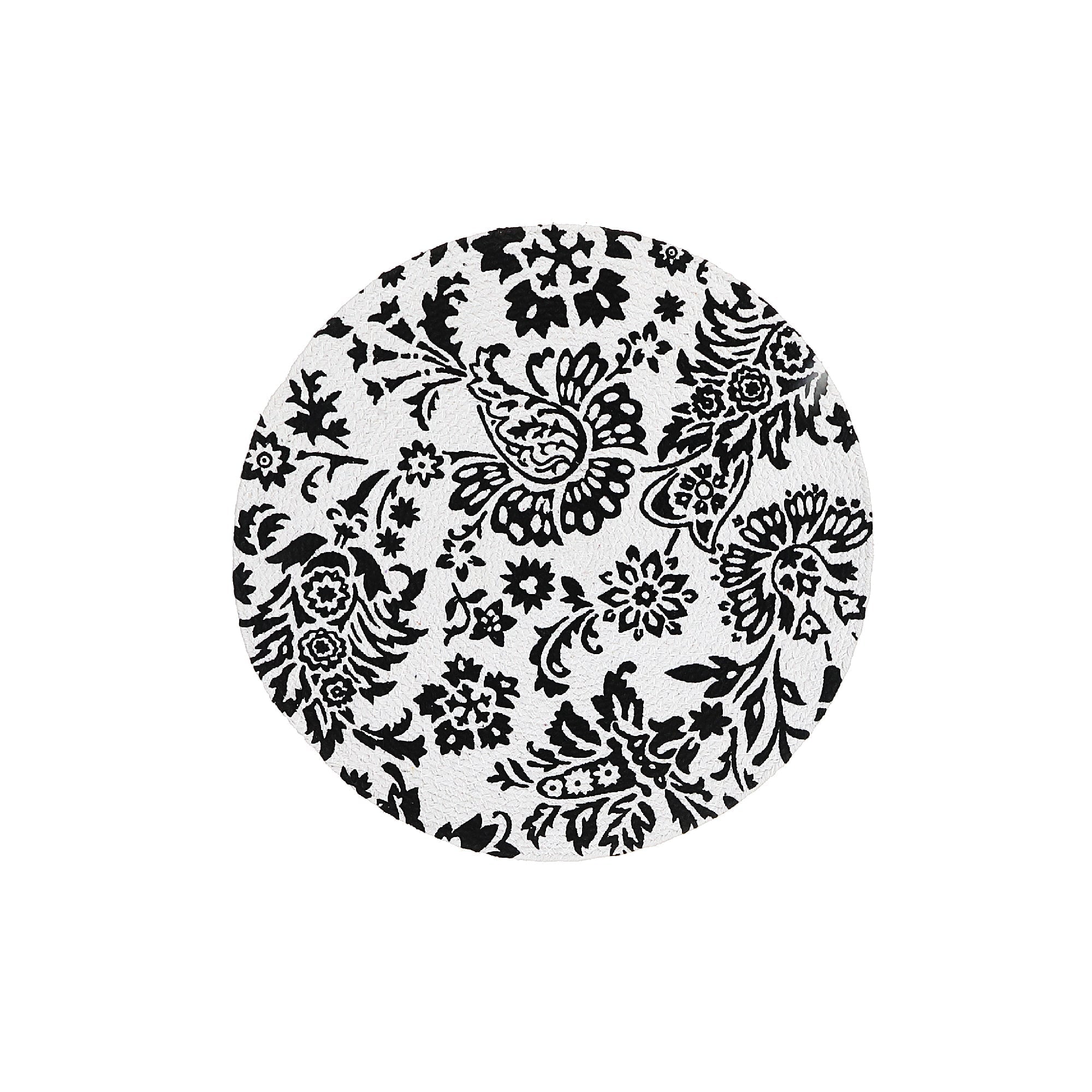 Printed Round Cotton Rope Placemat Black Baroque Set Of 12, Dining Table Decor, Kitchen Accessory