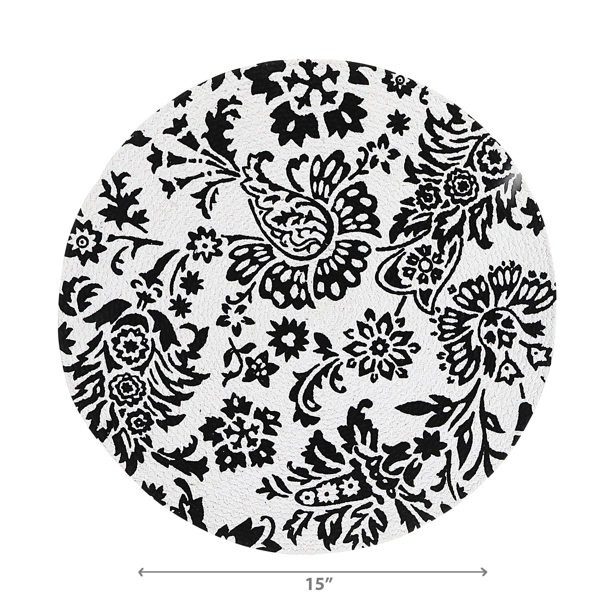 Printed Round Cotton Rope Placemat Black Baroque Set Of 12, Dining Table Decor, Kitchen Accessory