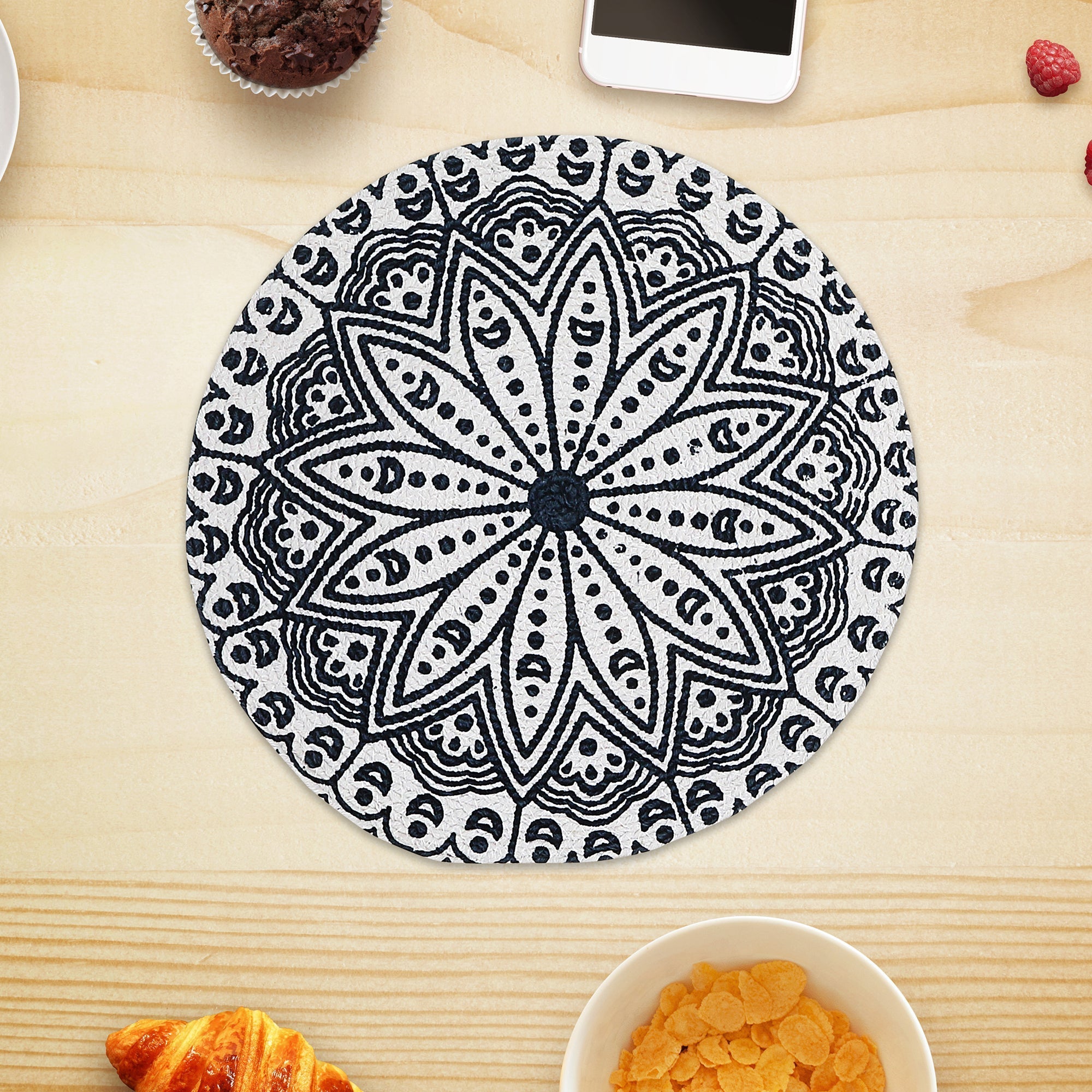 Printed Round Cotton Rope Placemat Blue Mandala Set Of 12, Dining Table Decor, Kitchen Accessory