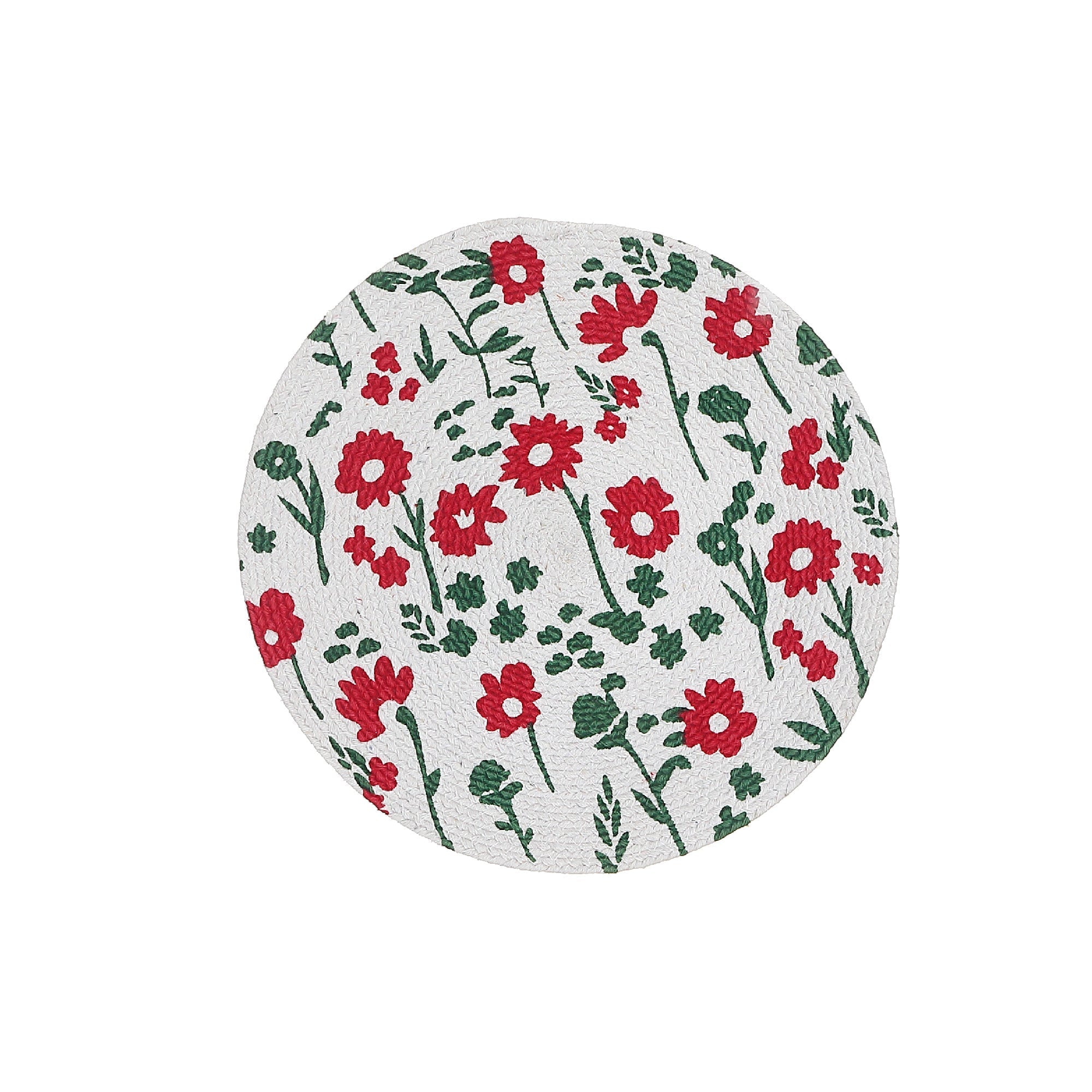 Printed Round Cotton Rope Placemat Red Floral Set Of 12, Dining Table Decor, Kitchen Accessory