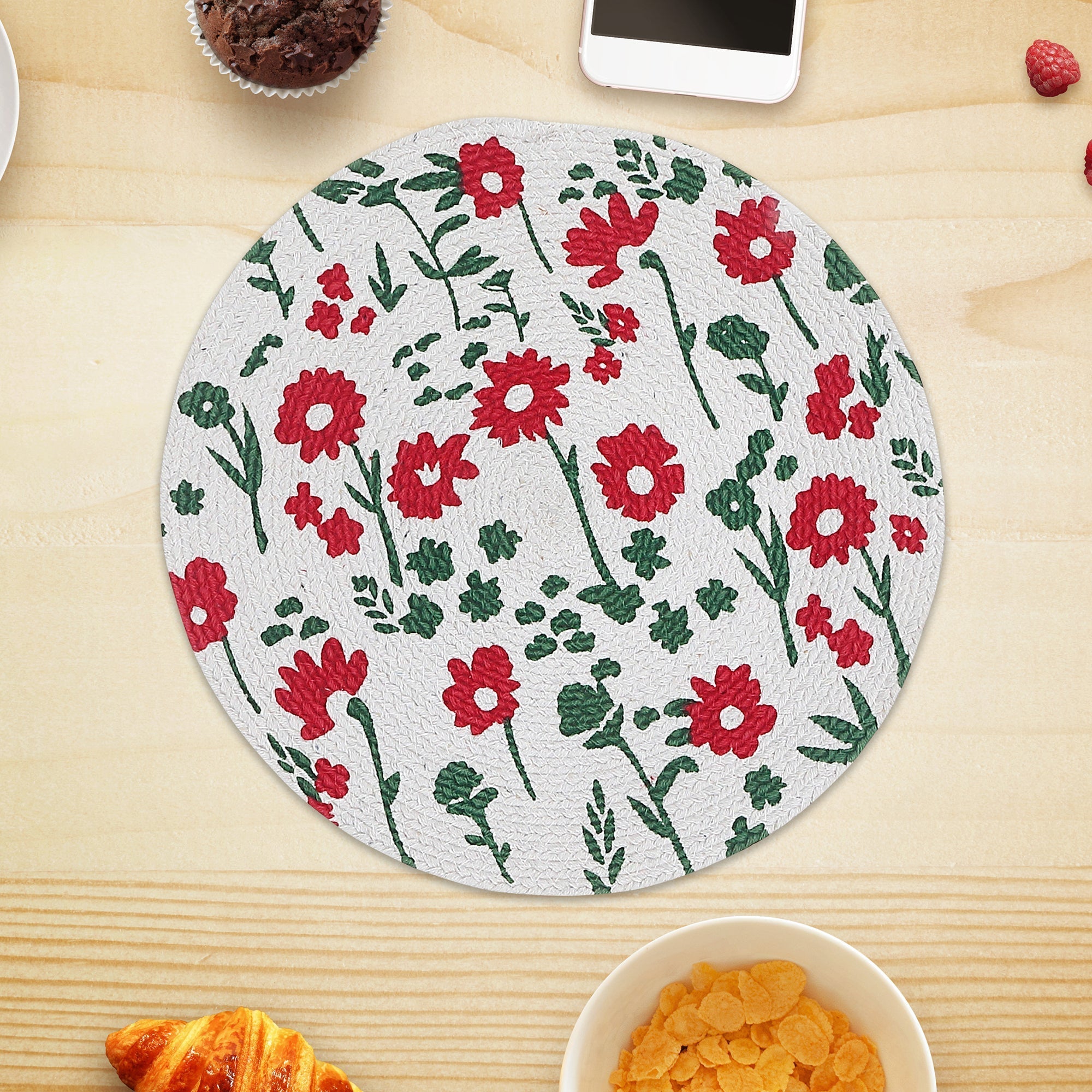 Printed Round Cotton Rope Placemat Red Floral Set Of 12, Dining Table Decor, Kitchen Accessory