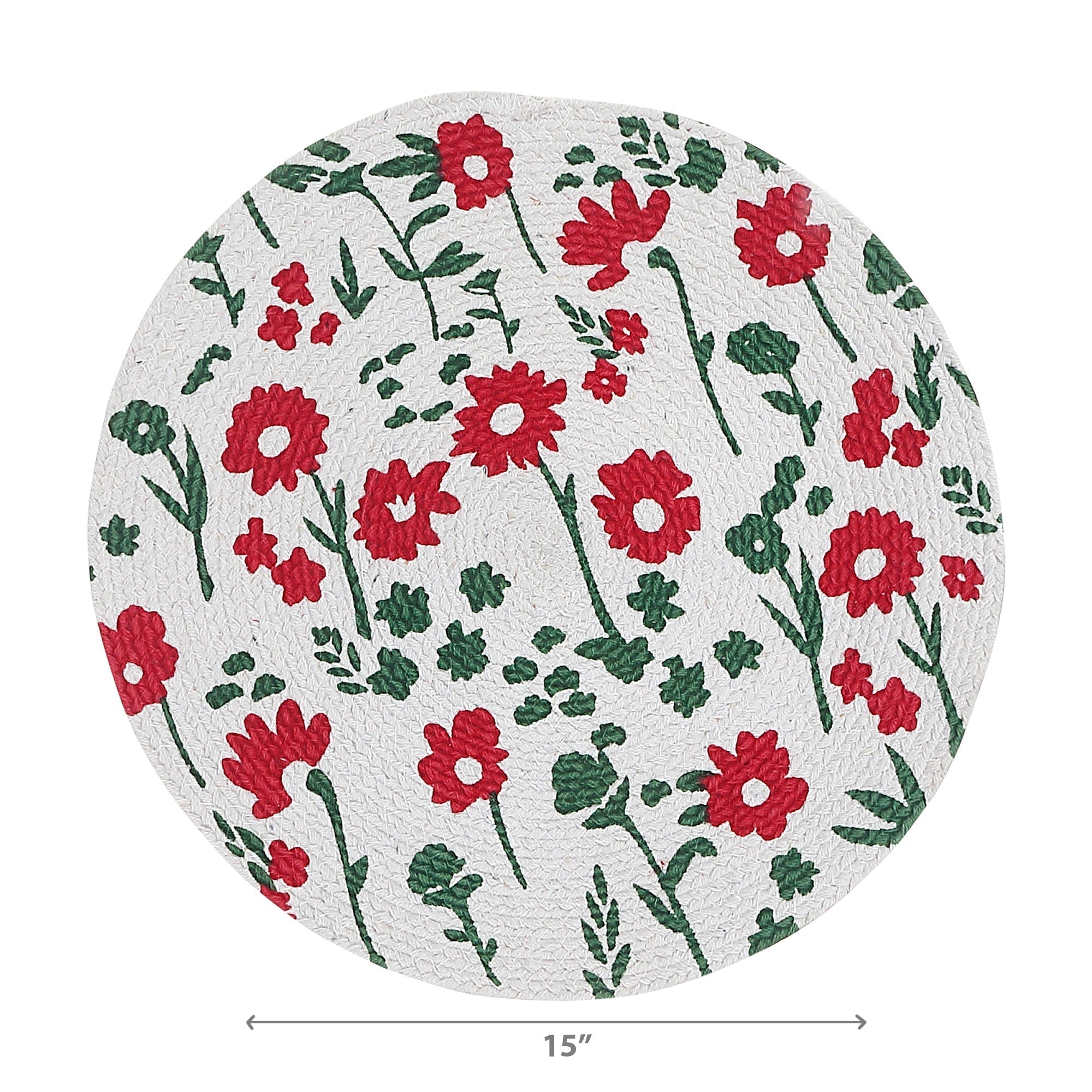 Printed Round Cotton Rope Placemat Red Floral Set Of 12, Dining Table Decor, Kitchen Accessory