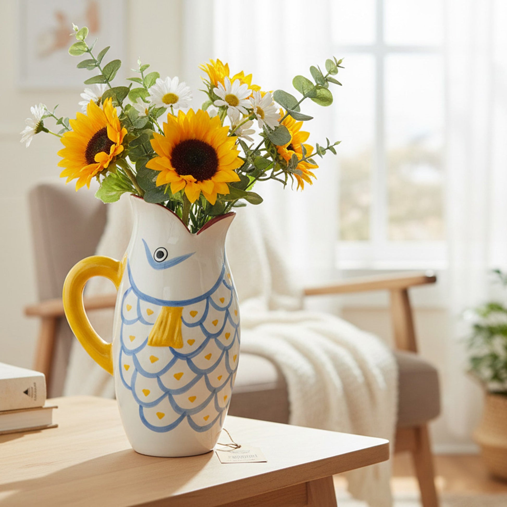 Patterned Ceramic Fish-Shaped Pitcher Vase with Artistic Glaze