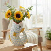 Patterned Ceramic Arched Tail Fish Vase with Textured Surface