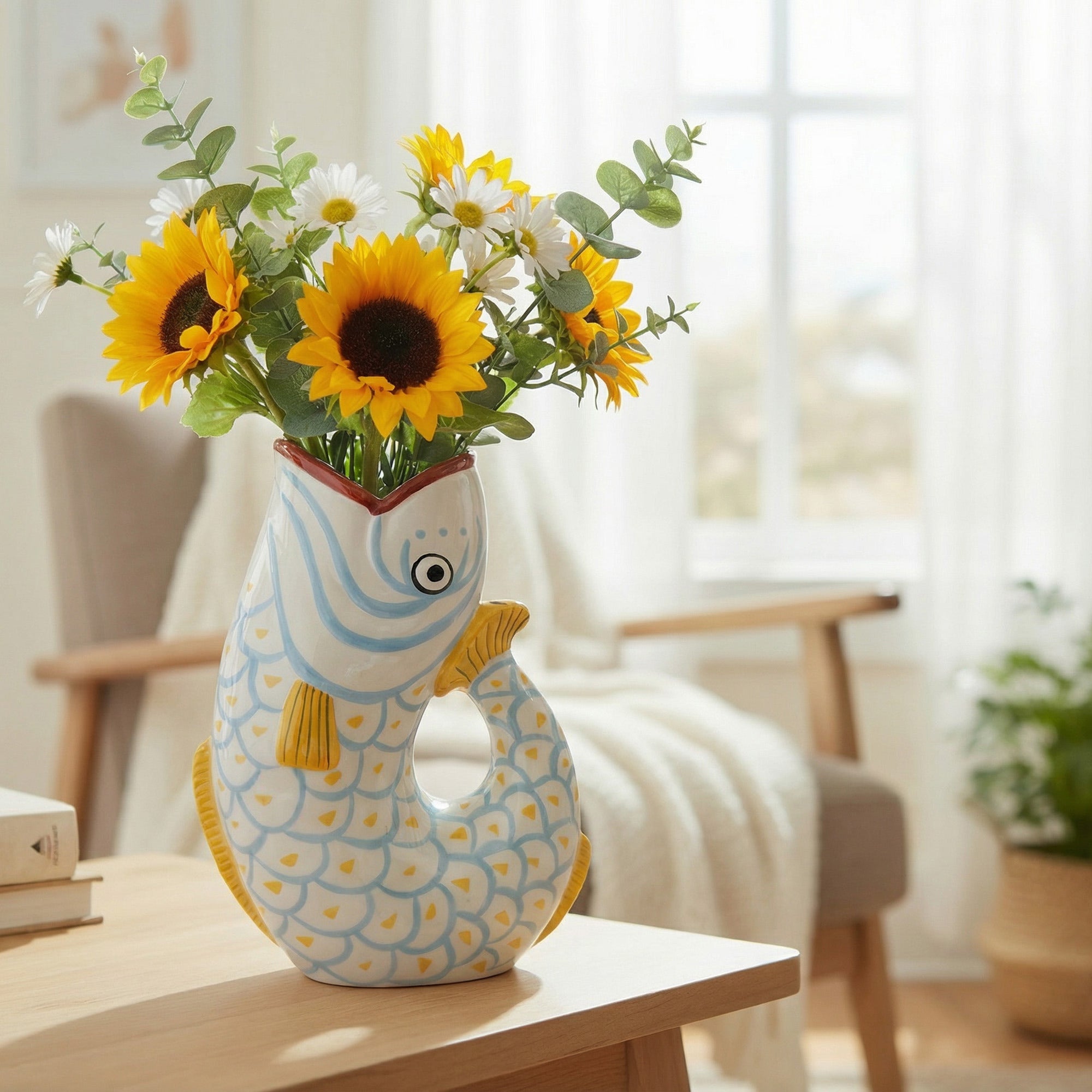 Patterned Ceramic Arched Tail Fish Vase with Textured Surface